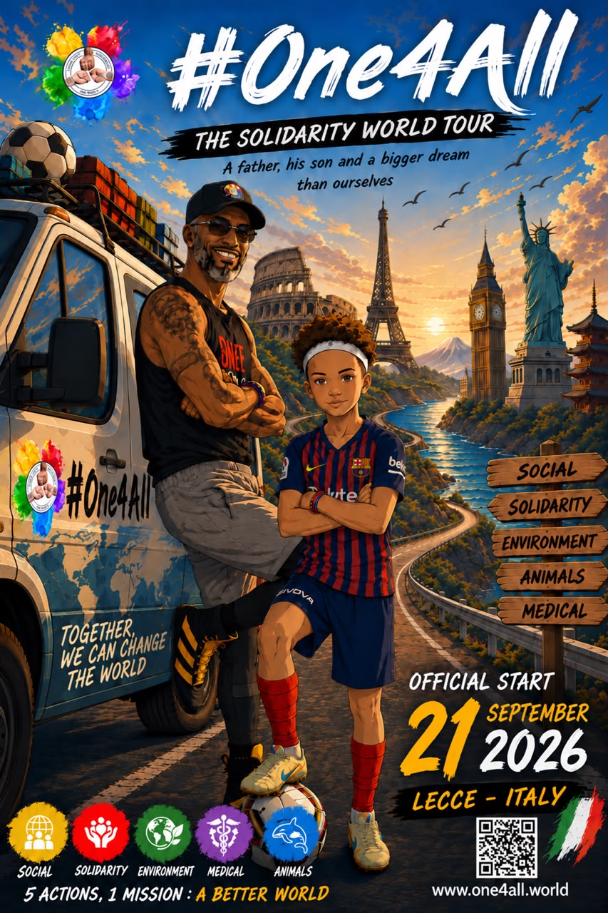 One4All World Giro campaign poster: father and son, starting in Lecce on September 21, 2026.